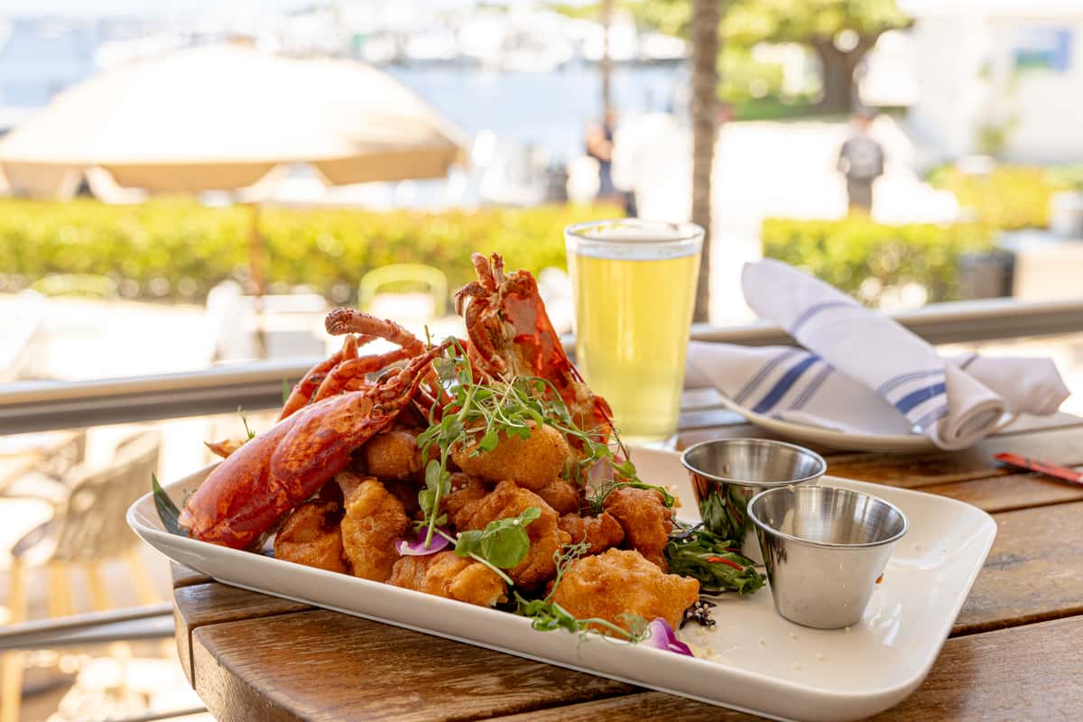 Seafood platter served at Bayshore Club Miami waterfront restaurant overlooking the marina