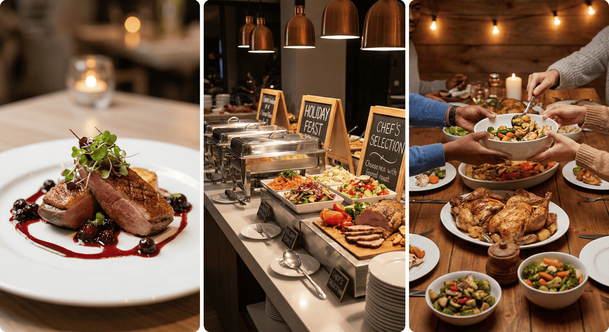 Comparison of plated, buffet, and family-style dining setups for group holiday events.