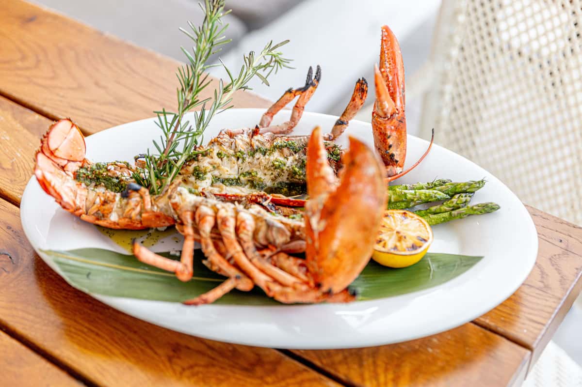 Grilled lobster tail with asparagus, herbs, and lemon served on a white plate