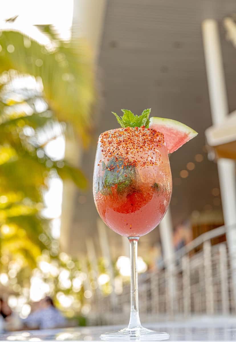 Watermelon cocktail with mint garnish served outdoors under palm trees.