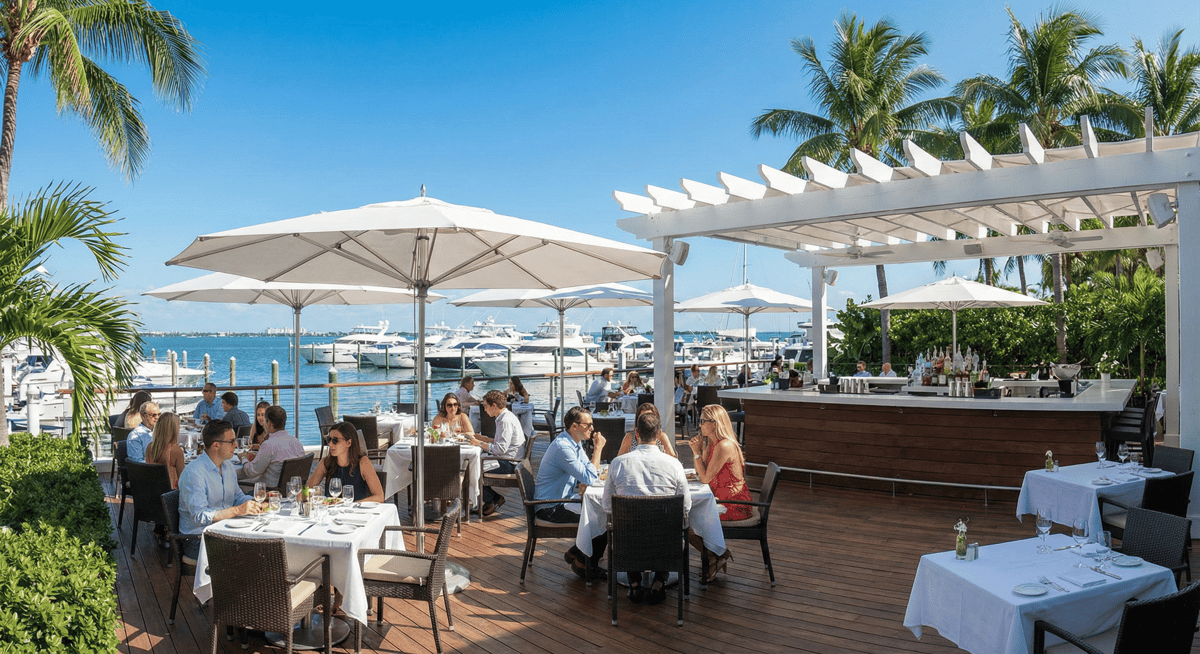 Open-air waterfront event space at Bayshore Club overlooking Biscayne Bay.