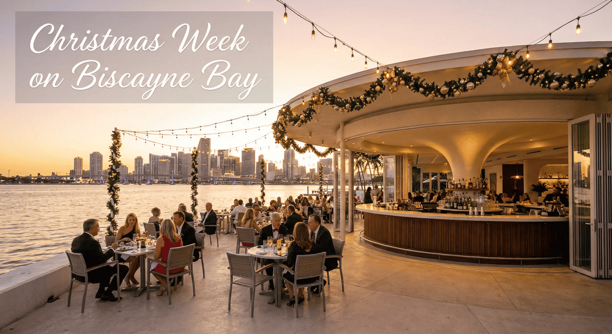 Waterfront dining at Bayshore Club during Christmas week with Biscayne Bay views at sunset.