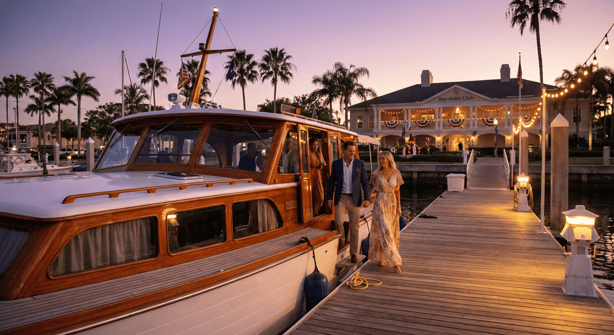 Guests arriving by boat at Bayshore Landing Marina for a holiday celebration.