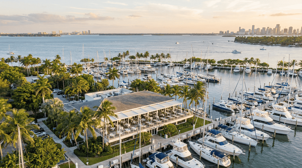 Aerial-style view of Bayshore Club along Dinner Key Marina in Coconut Grove