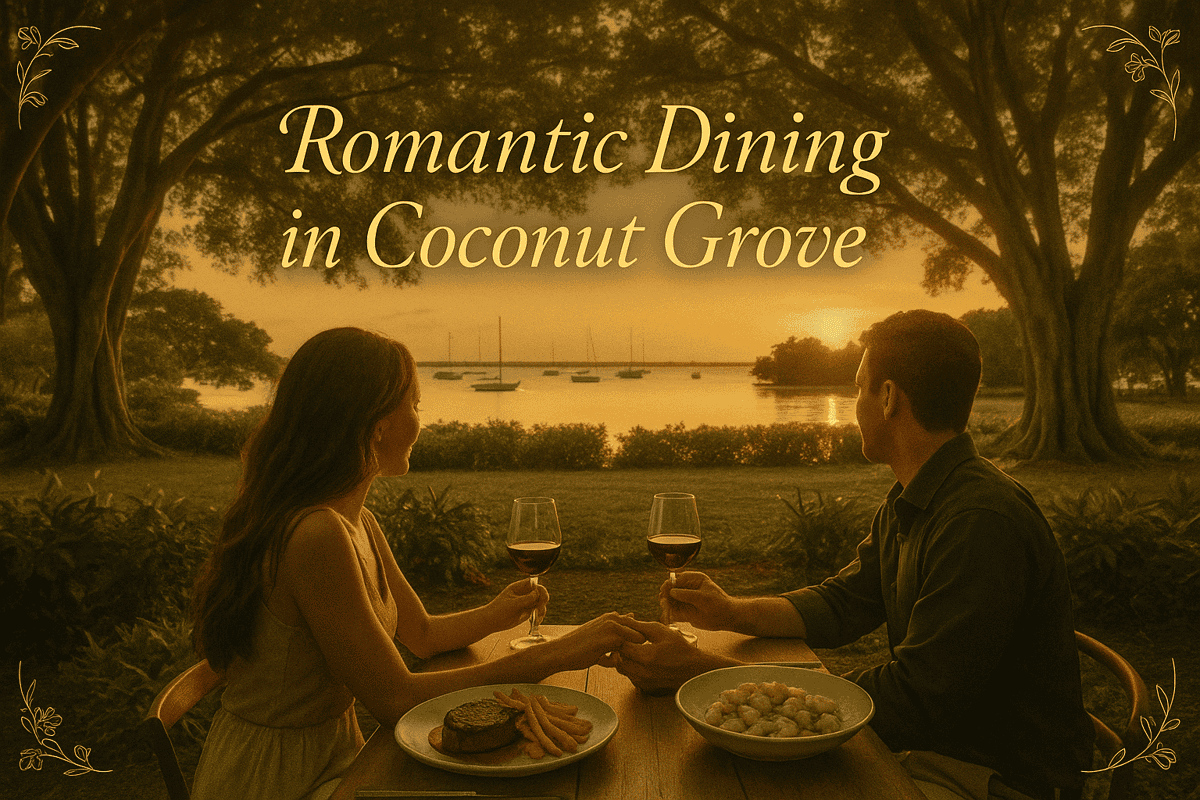 Couple enjoying candlelit dinner at Glass & Vine's garden patio with Biscayne Bay sunset in the background