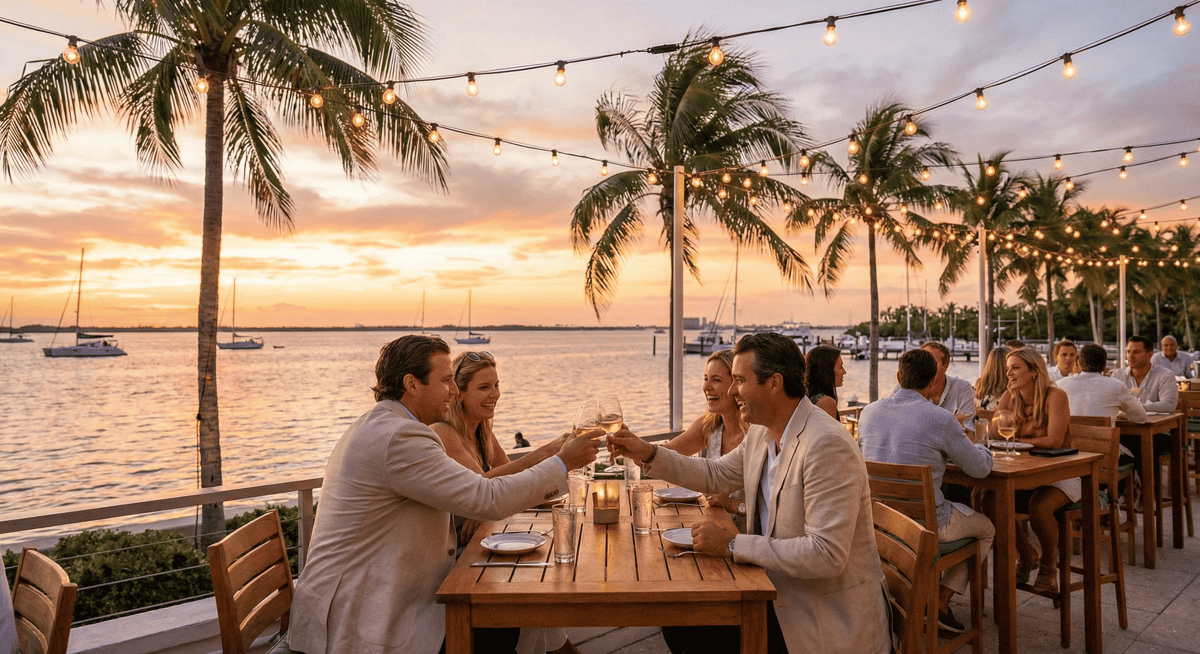 Friends enjoying open-air waterfront dining at Bayshore Club during warm winter weather.