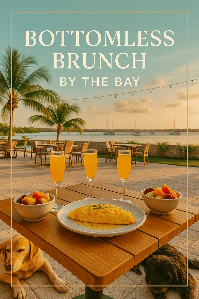 Waterfront brunch table at Bayshore Club with mimosas, Lobster & Queso Omelet, and Biscayne Bay views in Coconut Grove.