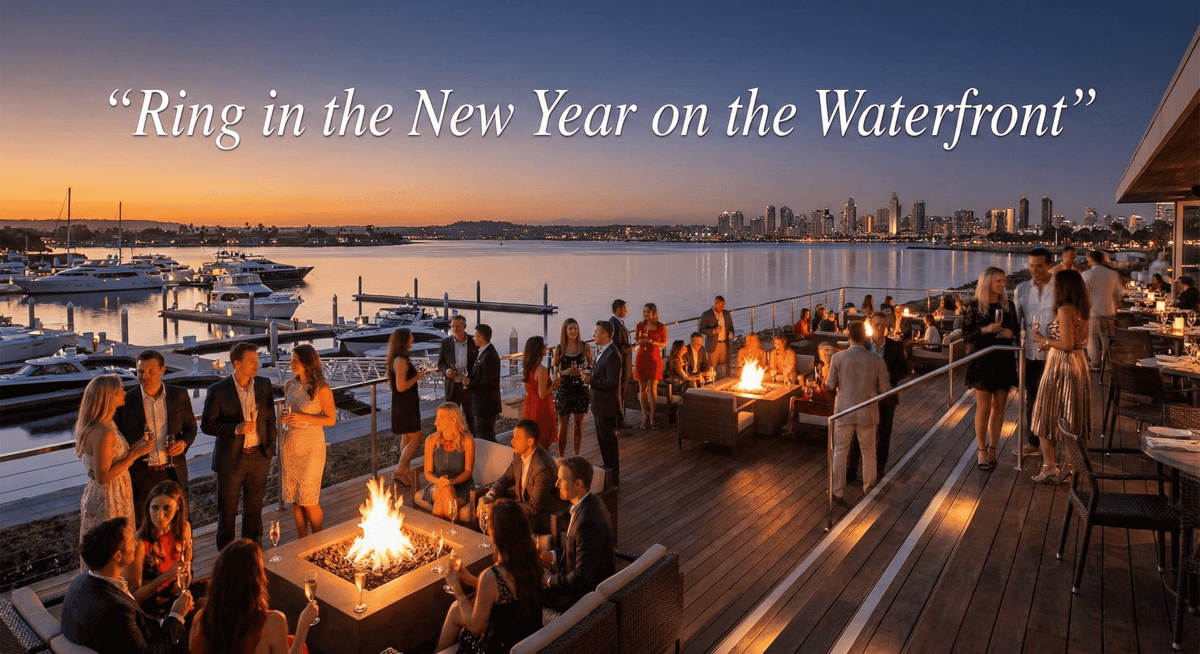 Waterfront sunset view of Bayshore Club with guests celebrating New Year's by the bay.
