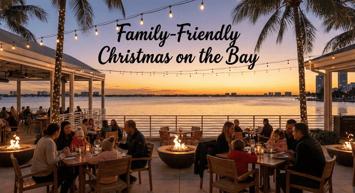 Families enjoying Christmas dinner outdoors at Bayshore Club overlooking Biscayne Bay.