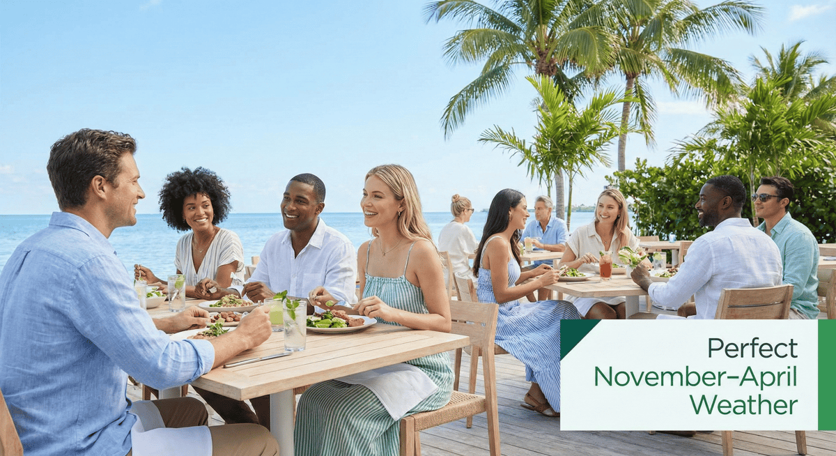 Guests enjoying outdoor dining in Coconut Grove during mild winter weather