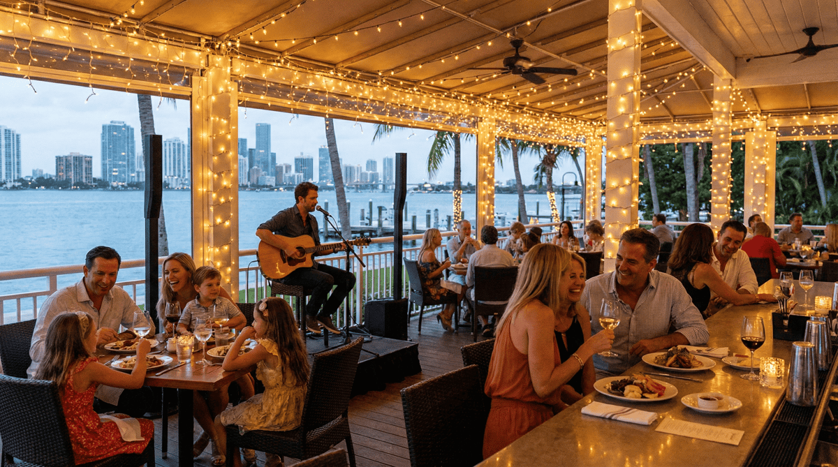 Guests enjoying live music and drinks at Bayshore Club's outdoor bar on Thanksgiving