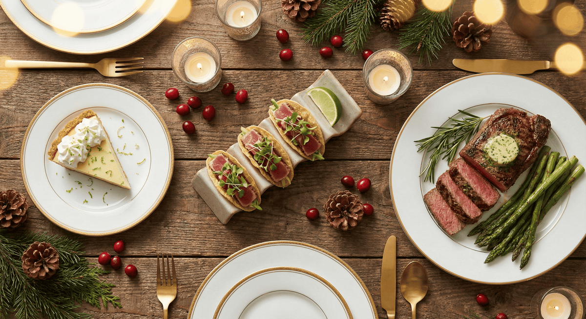 Holiday party menu featuring coastal American dishes at Bayshore Club.