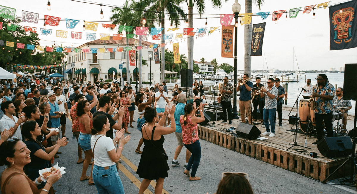 Outdoor cultural festival atmosphere in Coconut Grove with live music and crowds