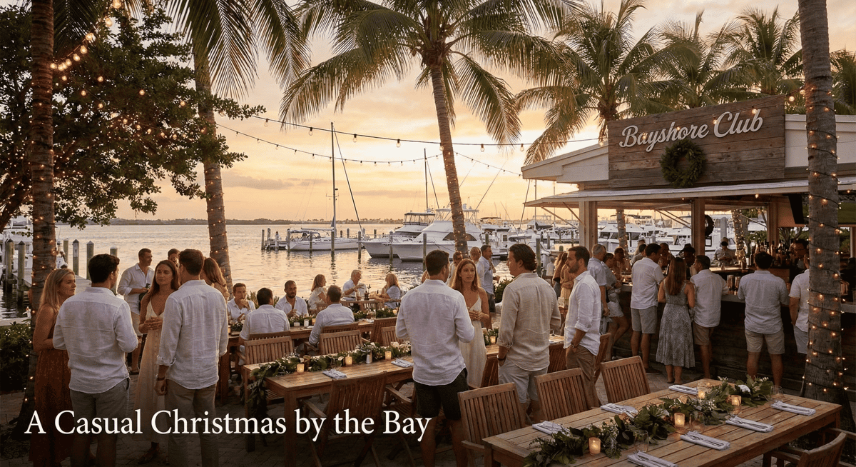 Waterfront holiday dining at Bayshore Club in Coconut Grove with Biscayne Bay views. Position 2: Why Coconut Grove Is Special