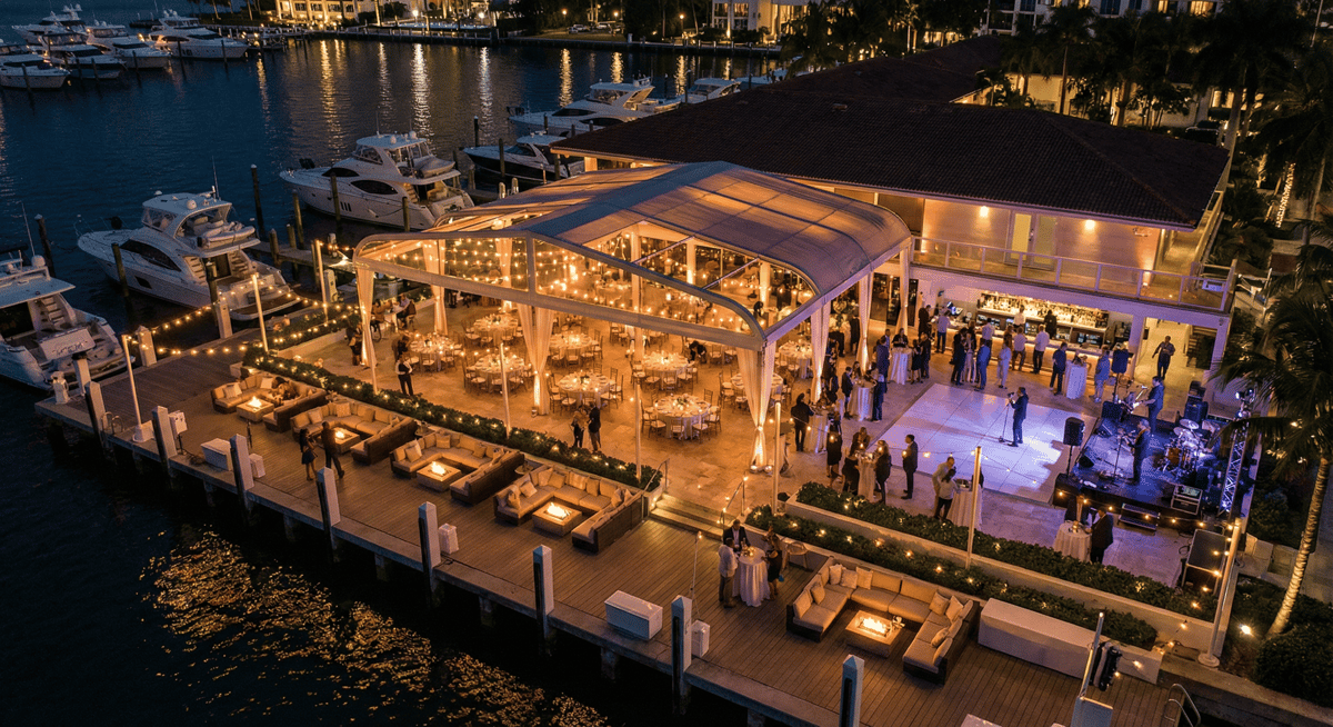 Large group celebration set up at Bayshore Club with waterfront seating and dockside views.