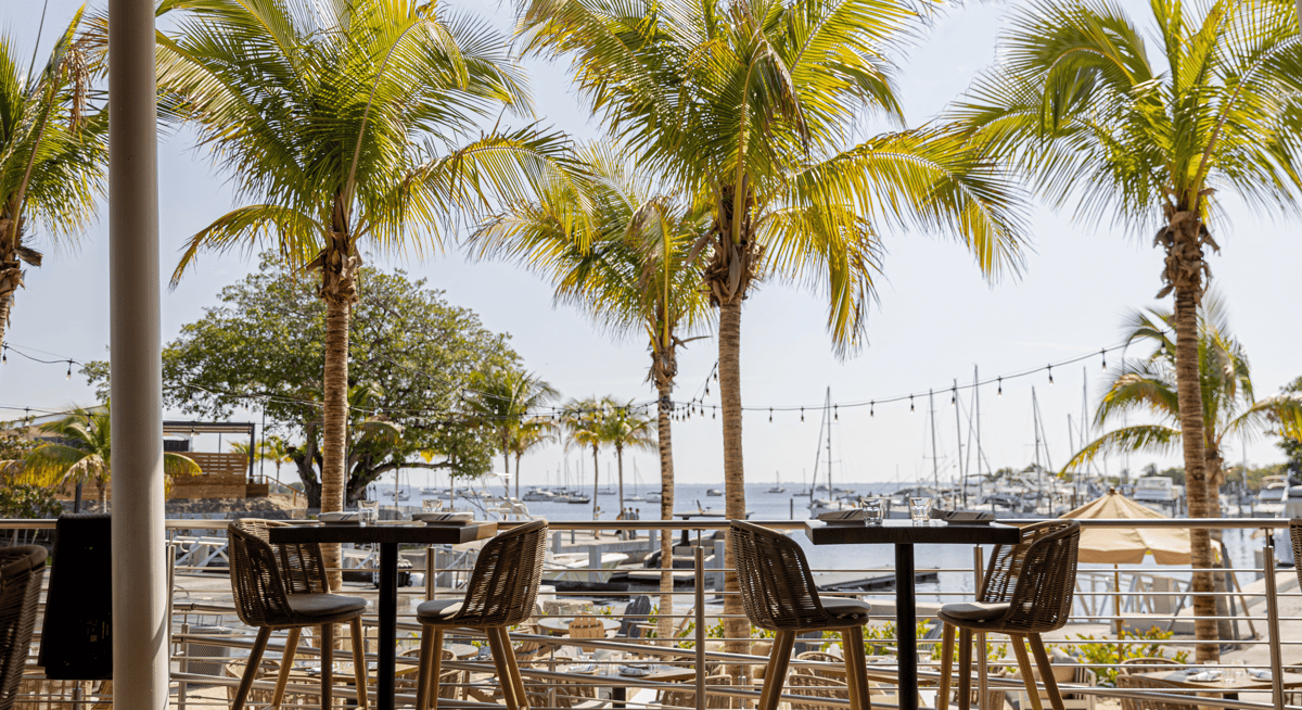 Outdoor waterfront dining area with palm trees, high-top tables, and marina boats in the background on a sunny day.