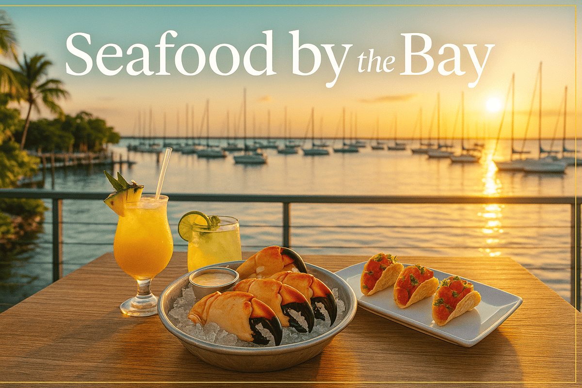 Golden-hour waterfront dining table with fresh stone crabs, tacos, and cocktails at Bayshore Club overlooking Biscayne Bay.