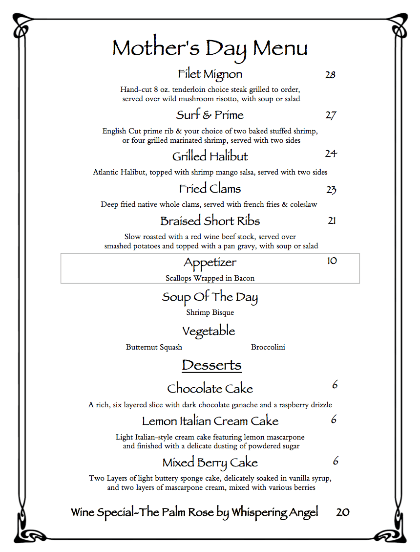 Mother's Day TAKEOUT Menu -5-9-2020