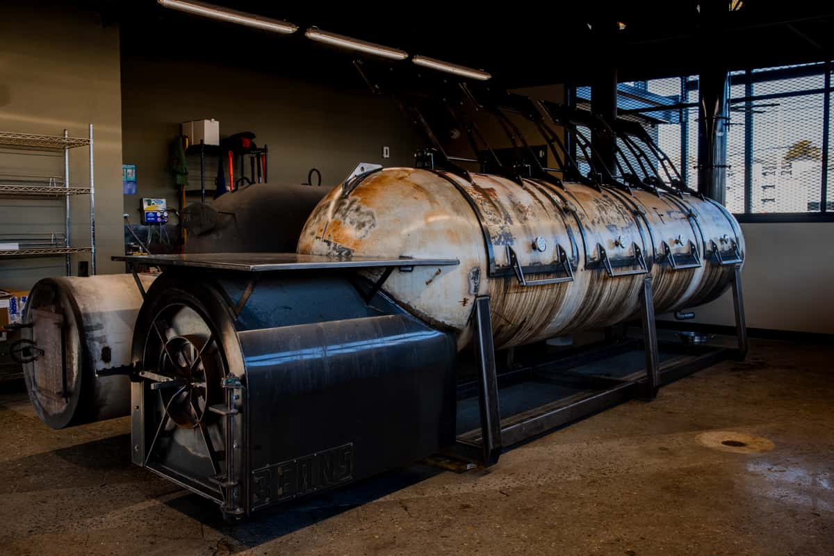 Large bbq pit smoker inside Redwood Smoke Shake pit room