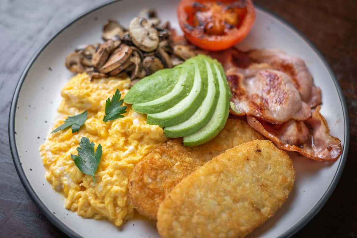 hash browns, avocado, bacon, scrample