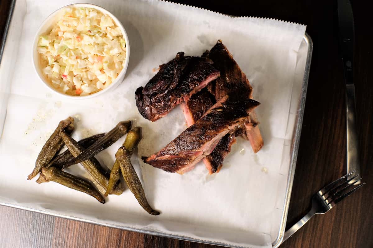 rib plate with grilled okra
