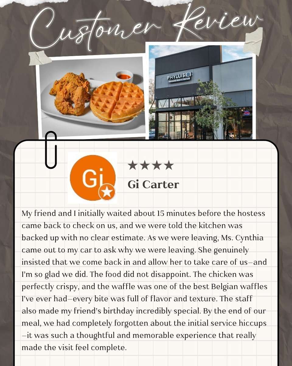 This guest almost walked away after a long wait — but one moment of genuine care changed everything. Ms. Cynthia didn't just do her job… she went above and beyond, stepping out to personally make things right — and turned what could have been a missed experience into a beautiful memory ✨ From crispy chicken & waffles to a heartfelt birthday surprise, this is what we strive for every single day — not just serving food, but creating moments you remember.