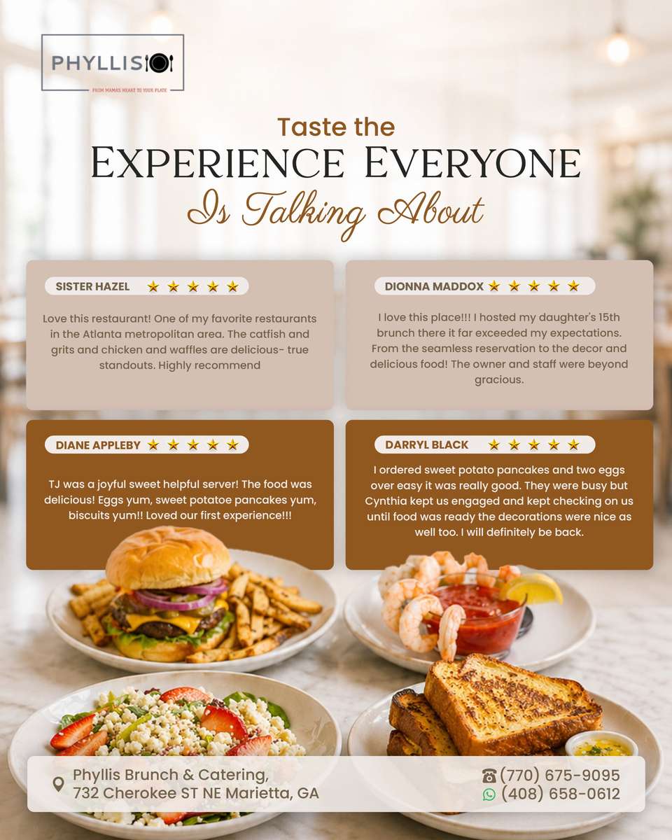 nothing makes us happier than happy guests! 🤍 thank you to our amazing community for the 5-star love. whether you're hosting a special celebration or just craving a southern breakfast, we're here to make it delicious. visit us at 732 cherokee st ne and taste the experience for yourself! 🍳 #phyllisbrunch #mariettageorgia #brunchtime #customerreviews #mariettafood #southernbrunch #localfavorite #breakfastandbrunch #mariettasquare #supportlocal
