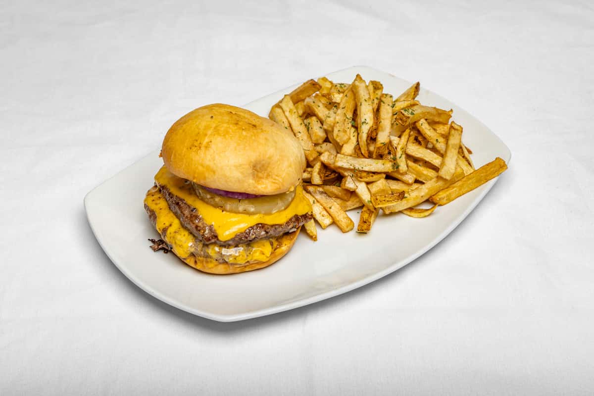 double cheeseburger is stacked with juicy patties, melted cheese, and all the good stuff you crave — made fresh and served hot.