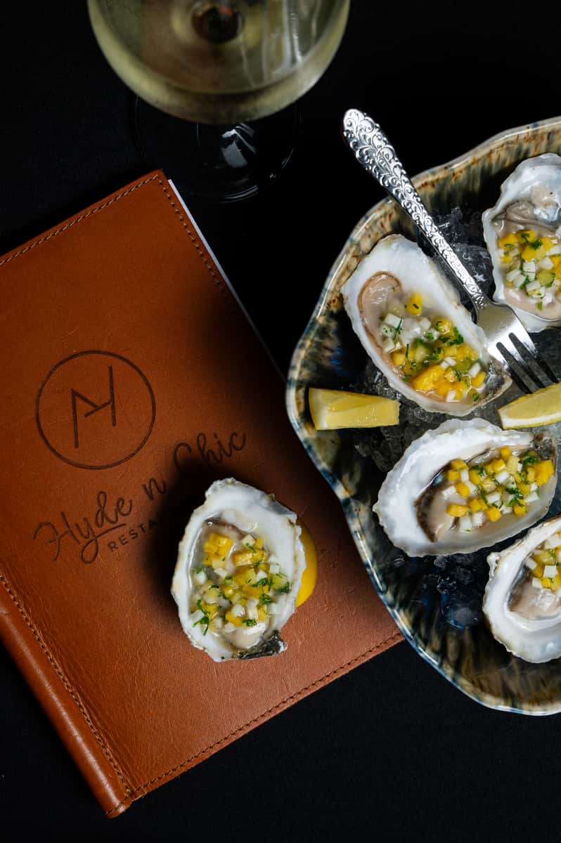 Great white oysters, mango, papaya, Granny Smith apple, oyster cloud