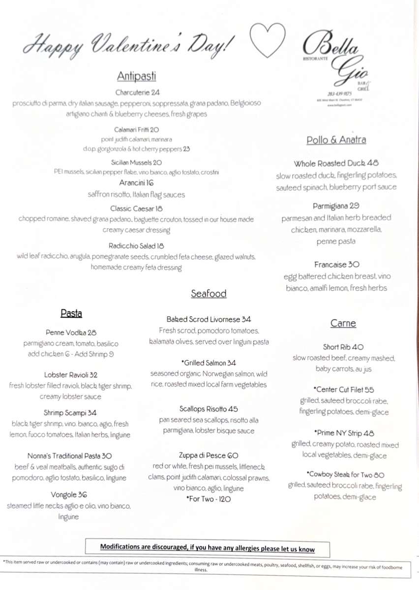 Valentines Day Menu
