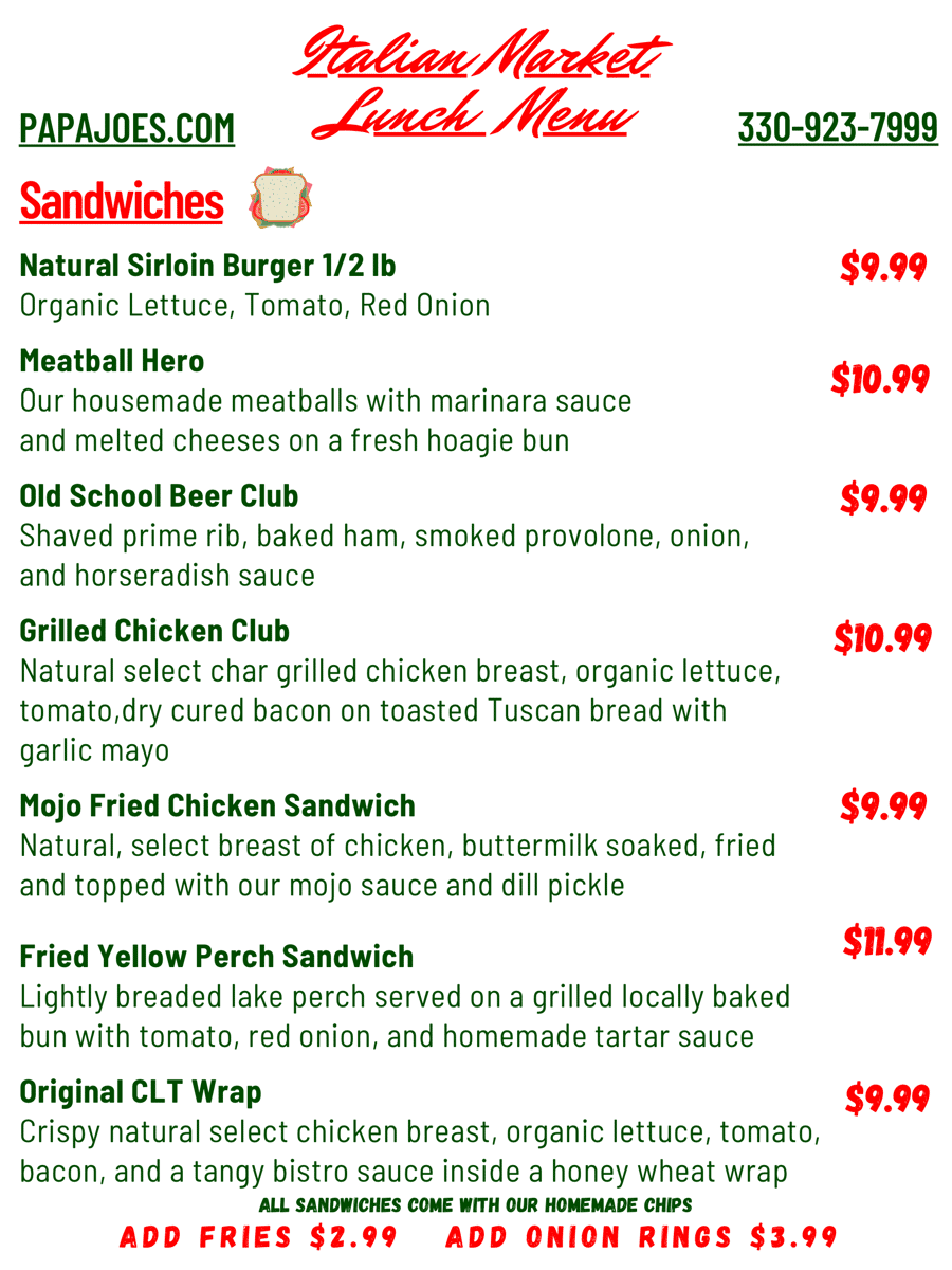 Italian Market Lunch Menu Papa Joe's Italian Restaurant