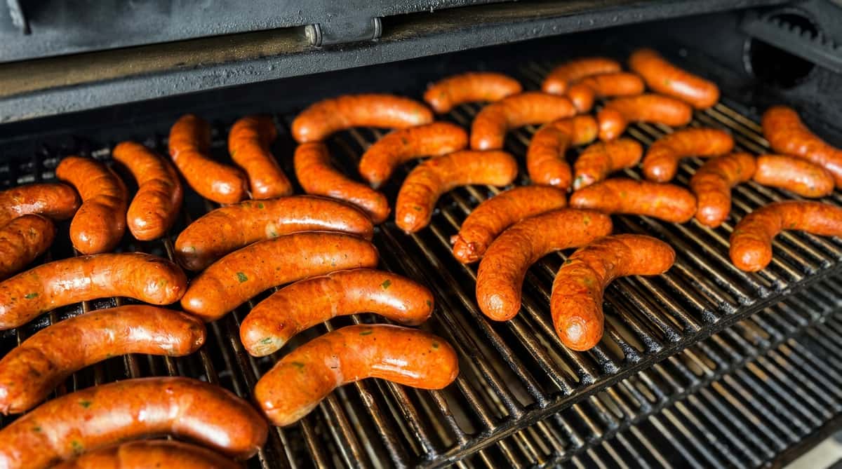Sausages on a grill, showing multiple curved, reddish-brown sausages cooking on black grates.