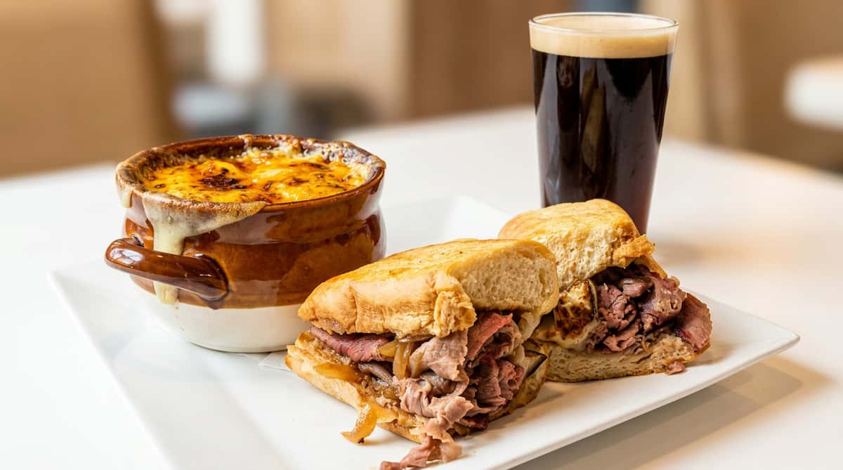 French onion soup with melted cheese, steak sandwiches, and a glass of dark beer on a white plate.