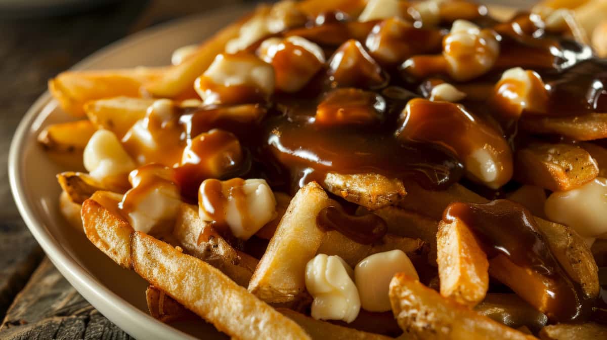 Poutine with French fries topped with cheese curds and brown gravy.