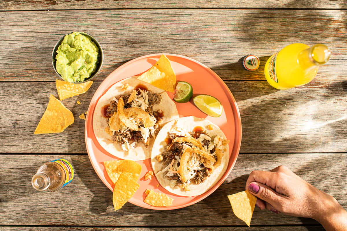 Soft Tacos with guac and beverages