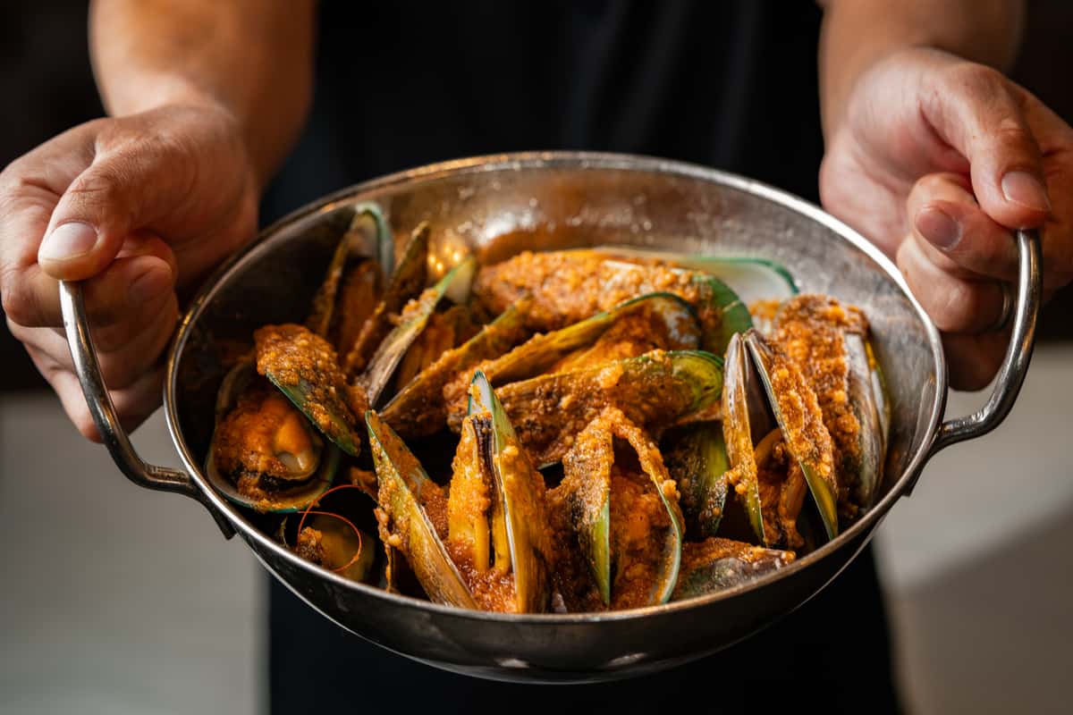 Bowl of cooked green mussels with "full house" sauce