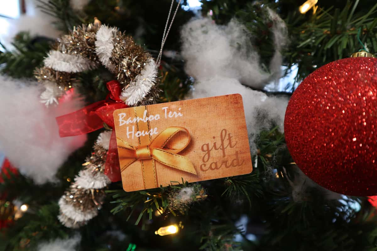 Bamboo Teri House gift card on a christmas tree