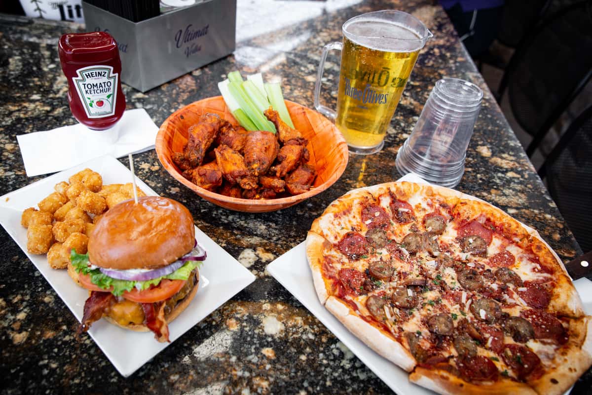 burger, wings, and pizza