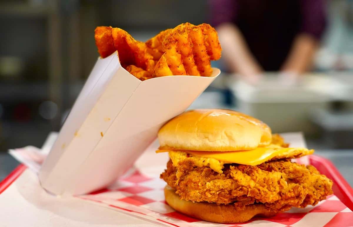 chicken sandwich and waffle fries