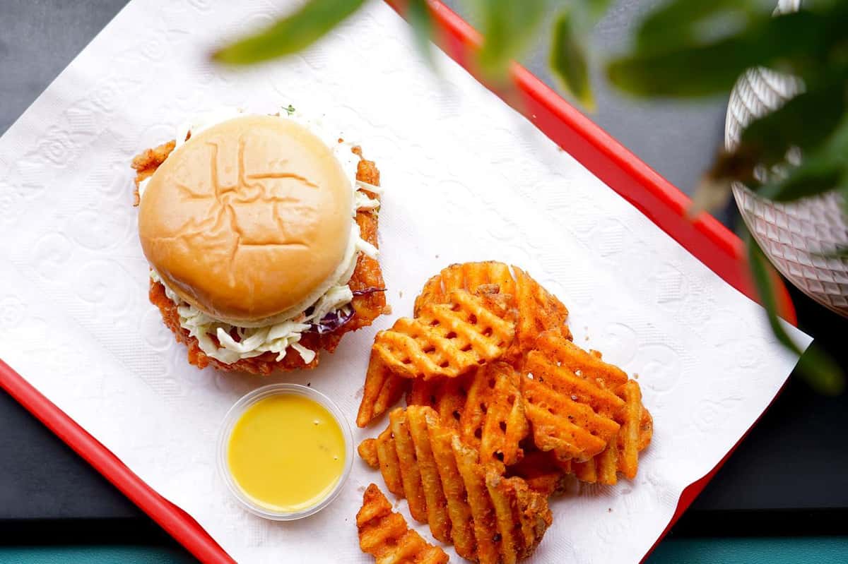 chicken sandwich and waffle fries