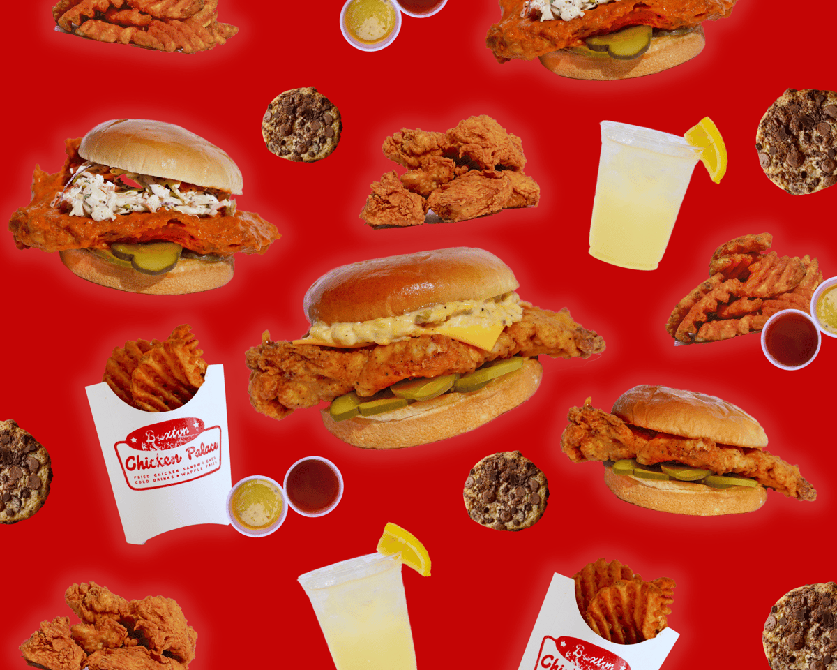 wallpaper of chicken sandwiches and waffle fries, lemonades