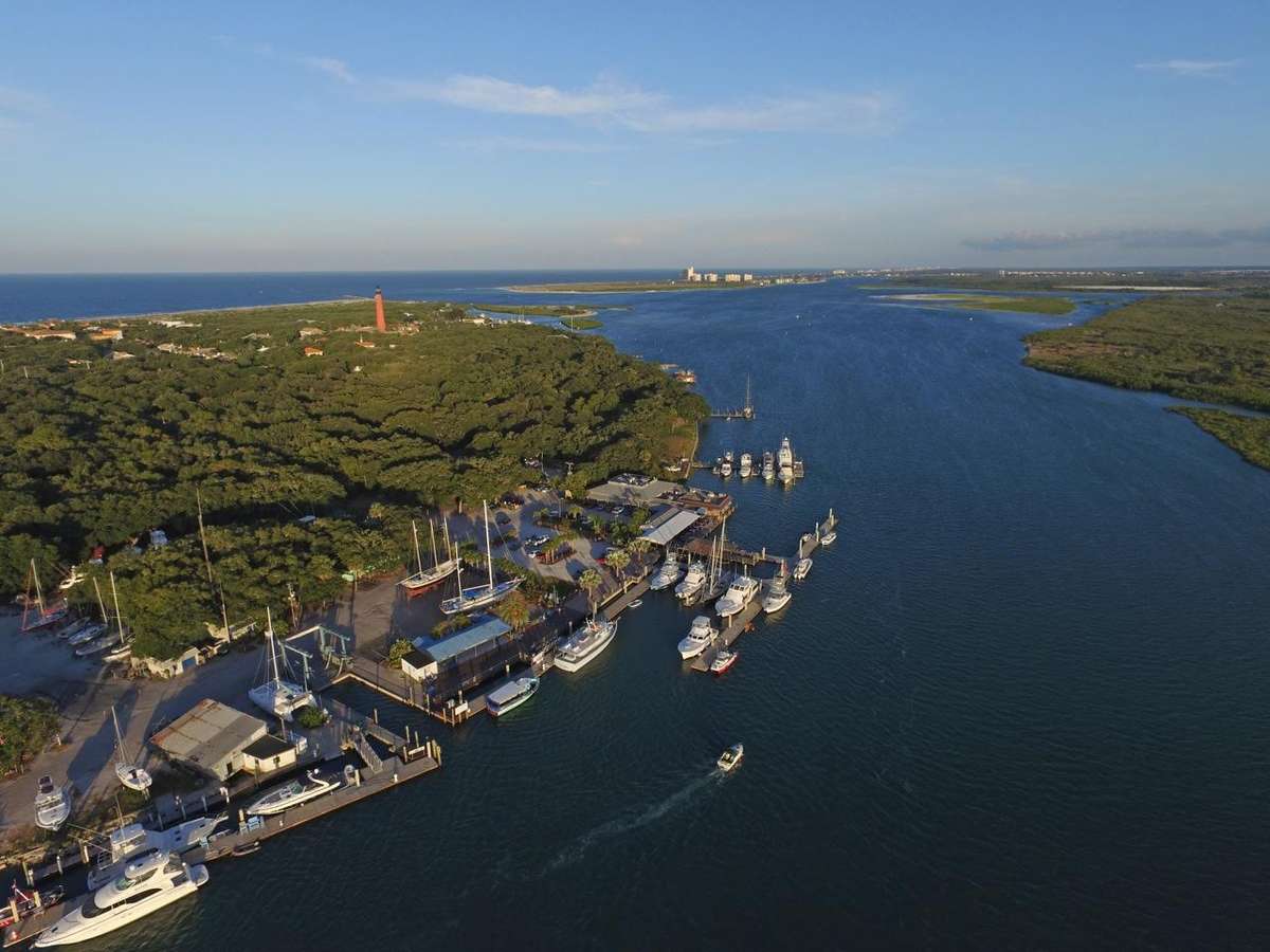 overhead shot of inlet and marina