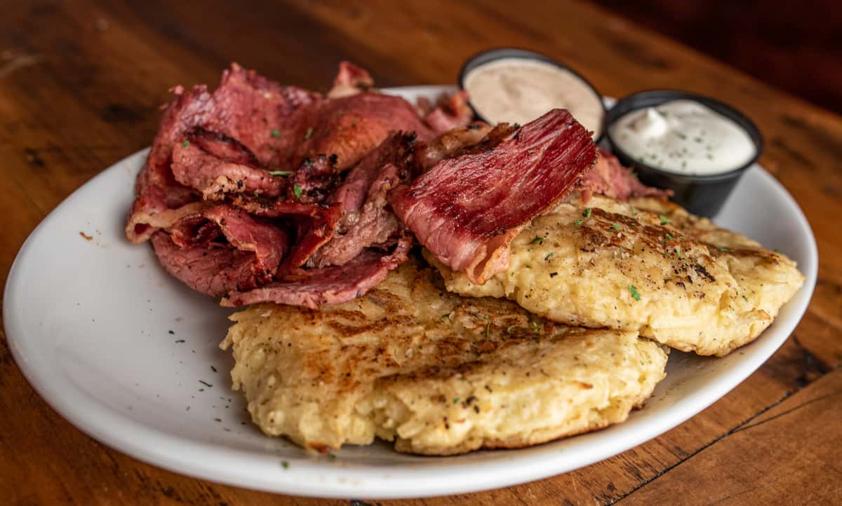 Corned Beef and Boxty with various dipping sauces