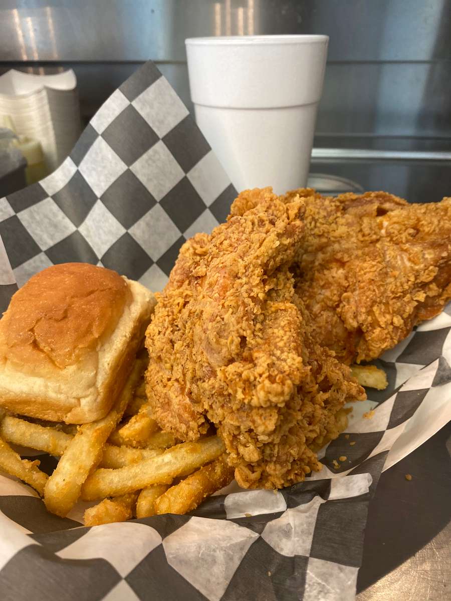fried chicken with fries and bread