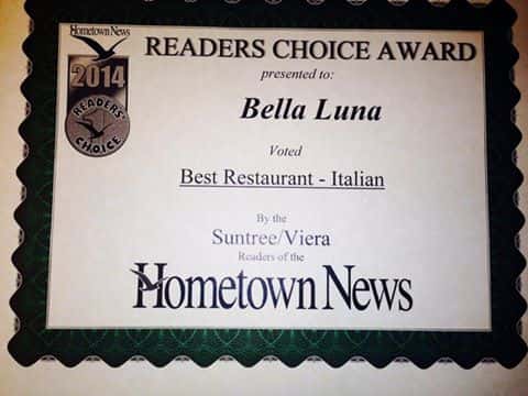 2014 readers choice award presented to bella luna voted best restaurant - italian by the suntree/viera readers of the hometown news