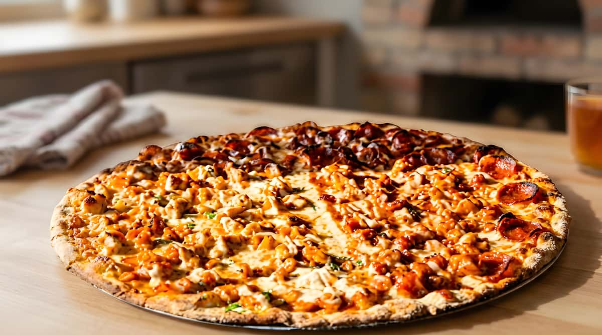 Buffalo chicken pizza with white sauce and green herbs.