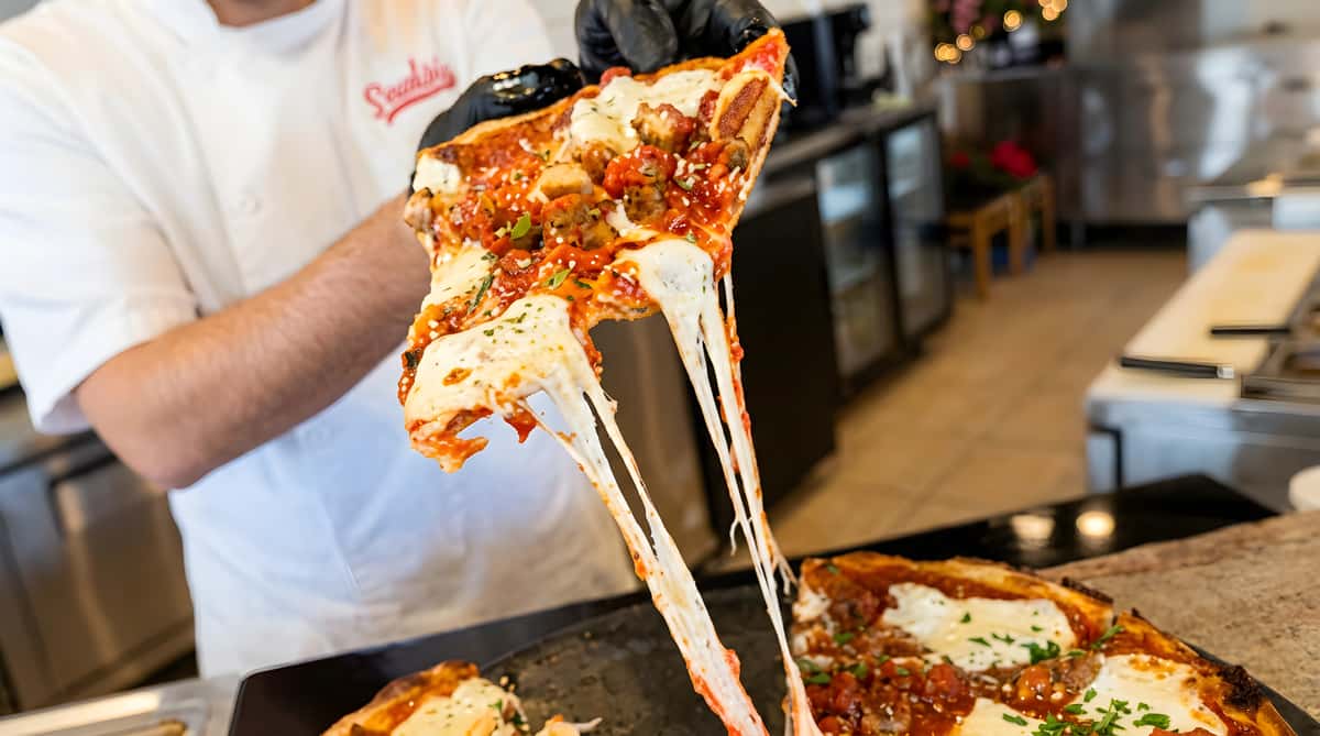 A slice of deep-dish pizza with pepperoni, sausage, and melted cheese stretching when lifted.