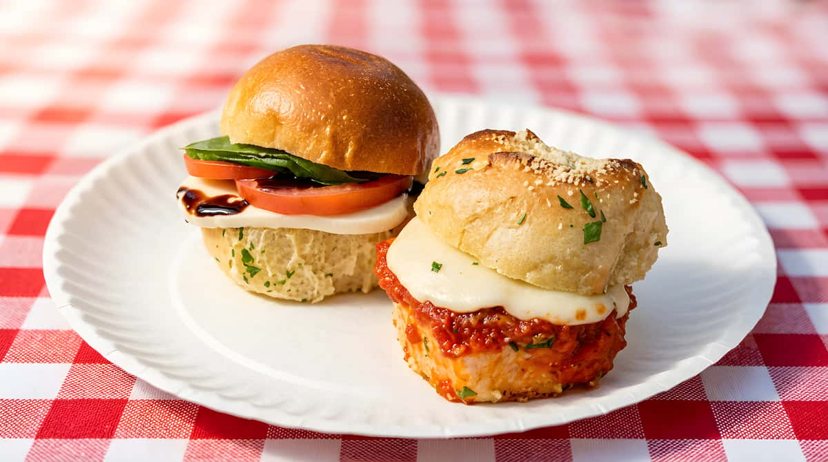 Two Italian sliders on a white paper liner: one with red sauce and mozzarella, the other with tomato and basil.