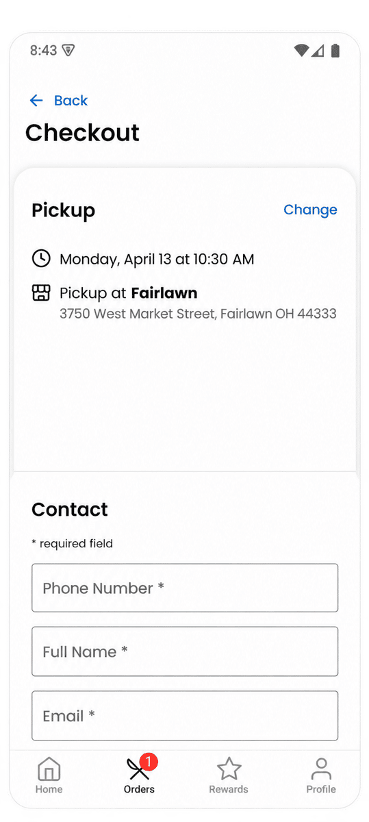 Checkout screen with pickup information and contact fields