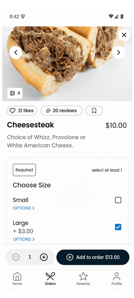 Cheesesteak details with size options and Add to Order button